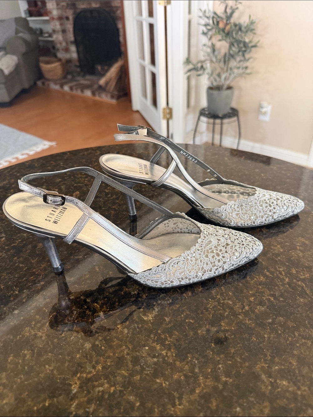 Stuart Weitzman Silver Lace Slingback Pumps